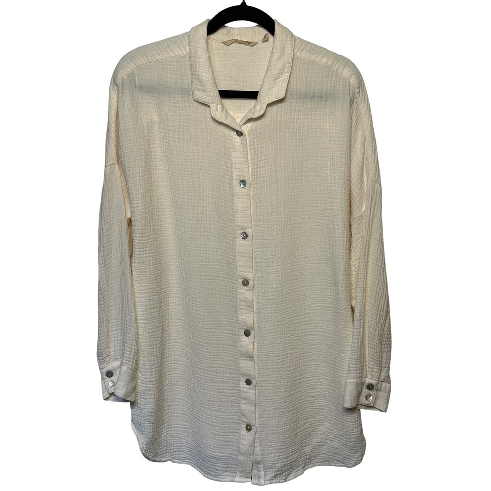 Soft Surroundings Gauze Button Down Long Sleeve Shirt Cream Size L